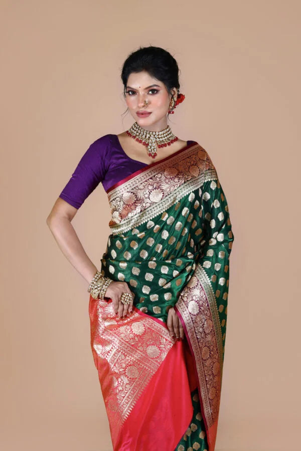 Pink-Green Banarasi Blended Silk Saree with Zari work