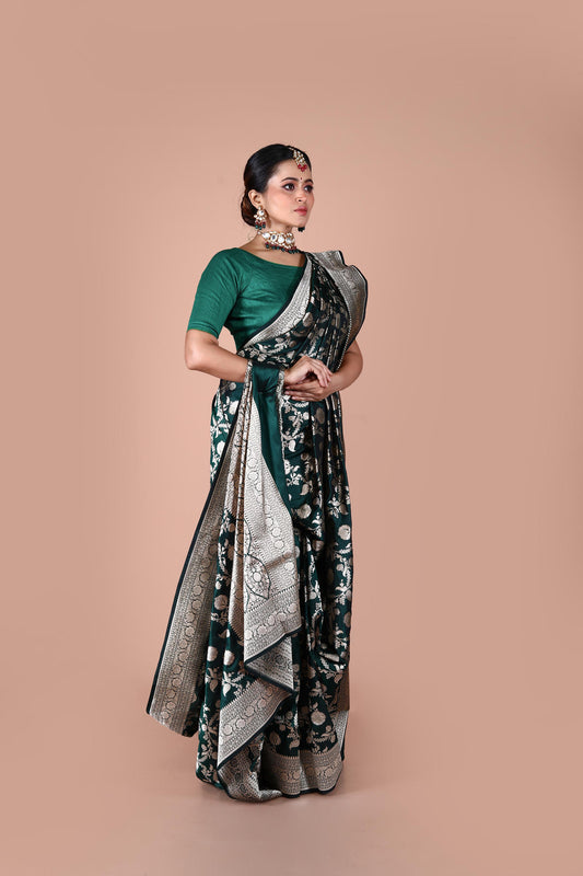 Bottle Green Pure Katan Silk Banarasi Handloom Saree with Zari work