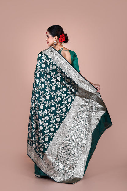 Bottle Green Pure Katan Silk Banarasi Handloom Saree with Zari work