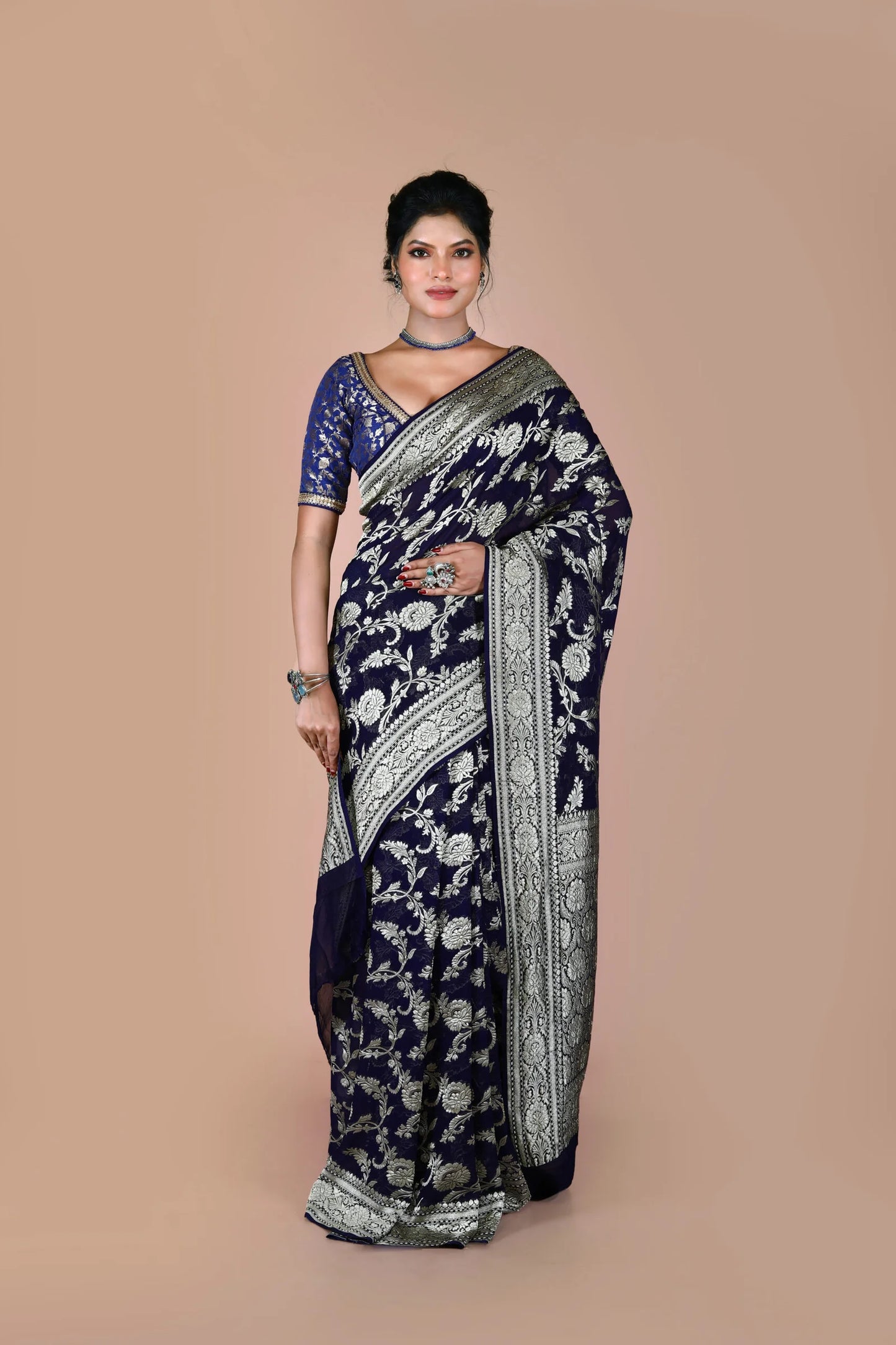 Navy Blue Pure Chiffon Silk Khaddi Georgette Banarasi Handloom Saree with Zari work