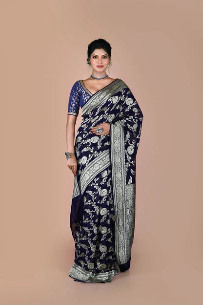 Navy Blue Pure Chiffon Silk Khaddi Georgette Banarasi Handloom Saree with Zari work