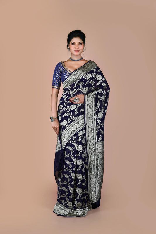 Black Pure Chiffon Silk Khaddi Georgette Banarasi Handloom Saree with Zari work