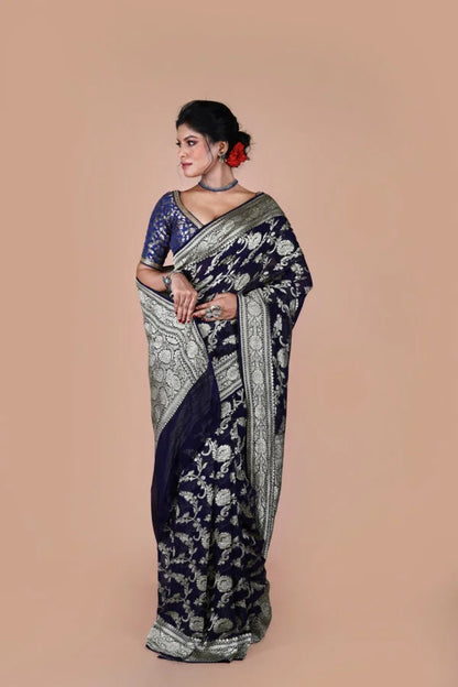 Navy Blue Pure Chiffon Silk Khaddi Georgette Banarasi Handloom Saree with Zari work