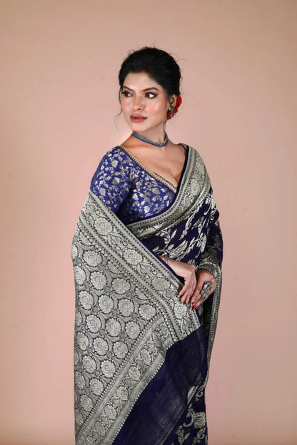 Navy Blue Pure Chiffon Silk Khaddi Georgette Banarasi Handloom Saree with Zari work