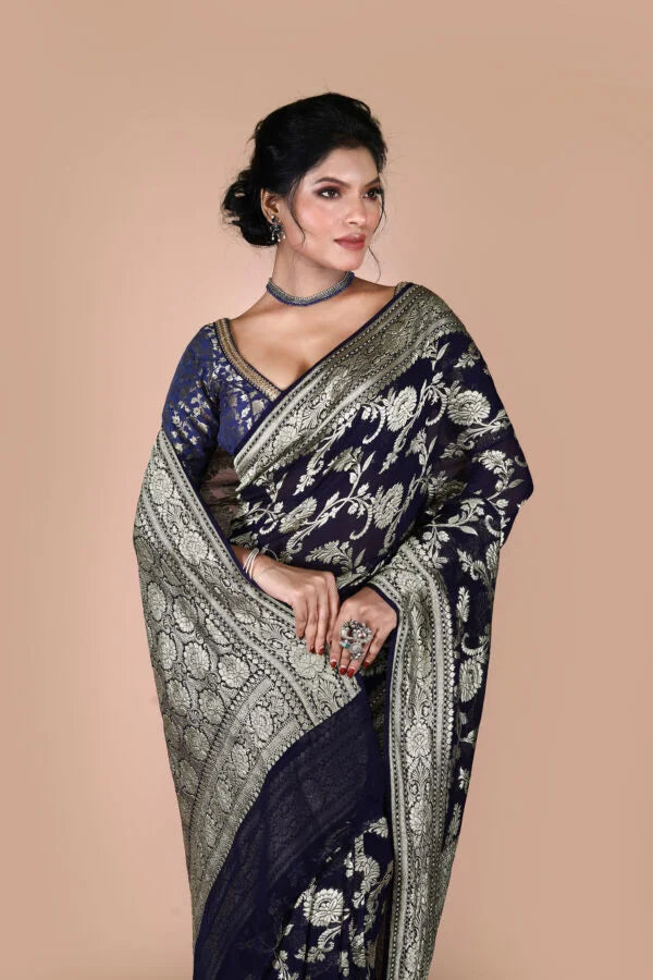 Navy Blue Pure Chiffon Silk Khaddi Georgette Banarasi Handloom Saree with Zari work