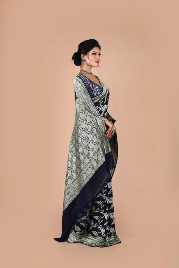 Navy Blue Pure Chiffon Silk Khaddi Georgette Banarasi Handloom Saree with Zari work