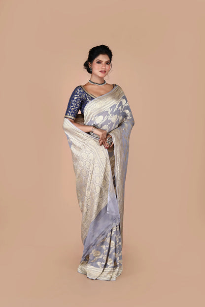 Grey Pure Chiffon Silk Khaddi Georgette Banarasi Handloom Saree with Zari work