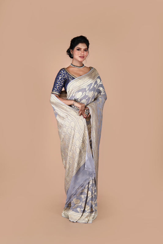 Grey Pure Chiffon Silk Khaddi Georgette Banarasi Handloom Saree with Zari work