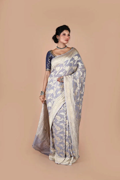 Grey Pure Chiffon Silk Khaddi Georgette Banarasi Handloom Saree with Zari work