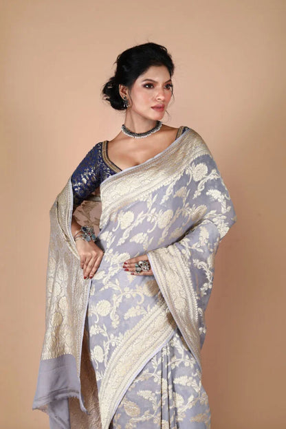 Grey Pure Chiffon Silk Khaddi Georgette Banarasi Handloom Saree with Zari work