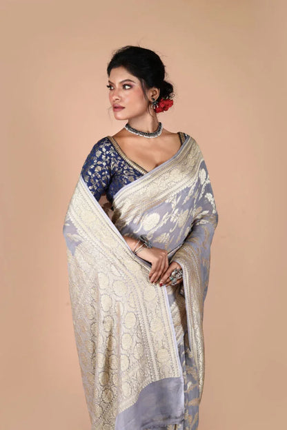 Grey Pure Chiffon Silk Khaddi Georgette Banarasi Handloom Saree with Zari work