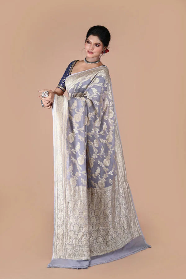 Grey Pure Chiffon Silk Khaddi Georgette Banarasi Handloom Saree with Zari work