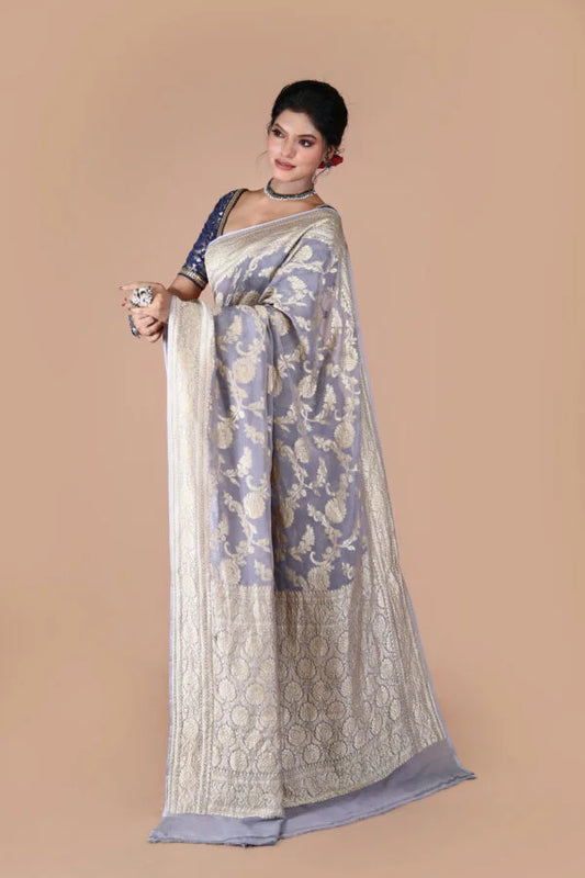 Grey Pure Chiffon Silk Khaddi Georgette Banarasi Handloom Saree with Zari work