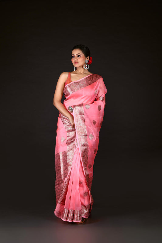 Pink Pure Organza Silk Banarasi Handloom Saree with Zari work