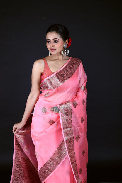 Pink Pure Organza Silk Banarasi Handloom Saree with Zari work