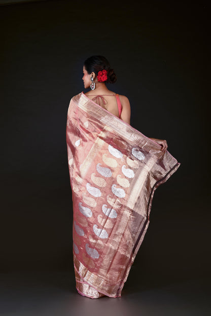 Pink Pure Tissue Silk Banarasi Handloom Saree with Zari work