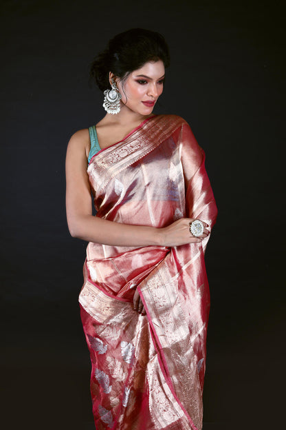 Pink Pure Tissue Silk Banarasi Handloom Saree with Zari work