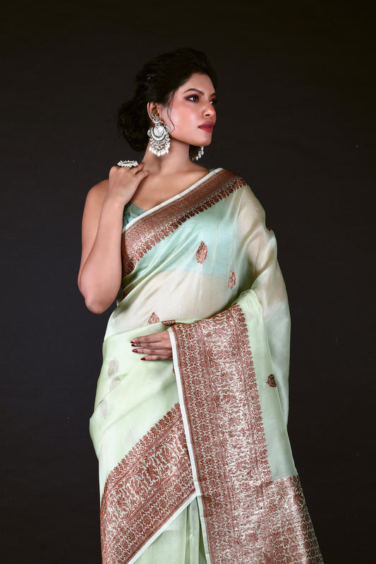 Pista Pure Organza Silk Banarasi Handloom Saree with Zari work