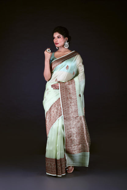 Pista Pure Organza Silk Banarasi Handloom Saree with Zari work
