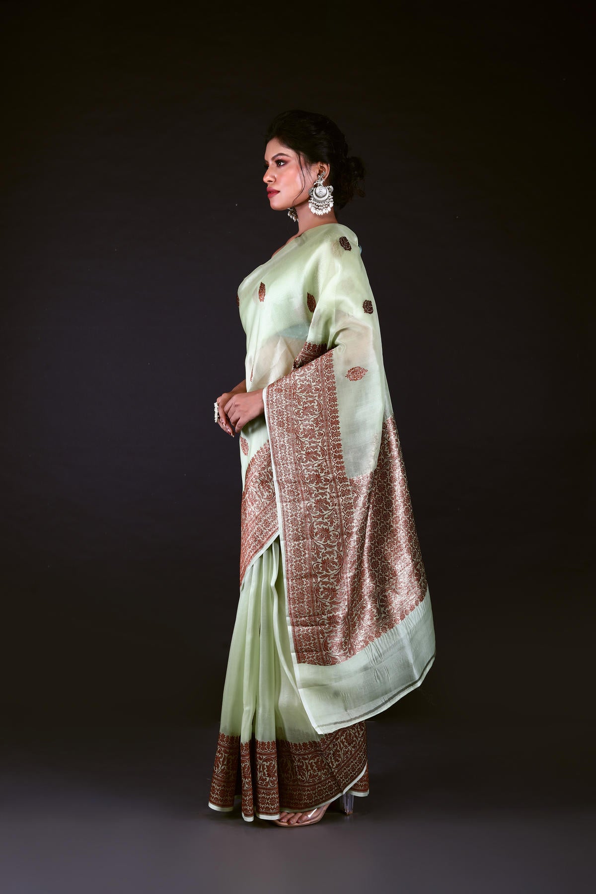 Pista Pure Organza Silk Banarasi Handloom Saree with Zari work