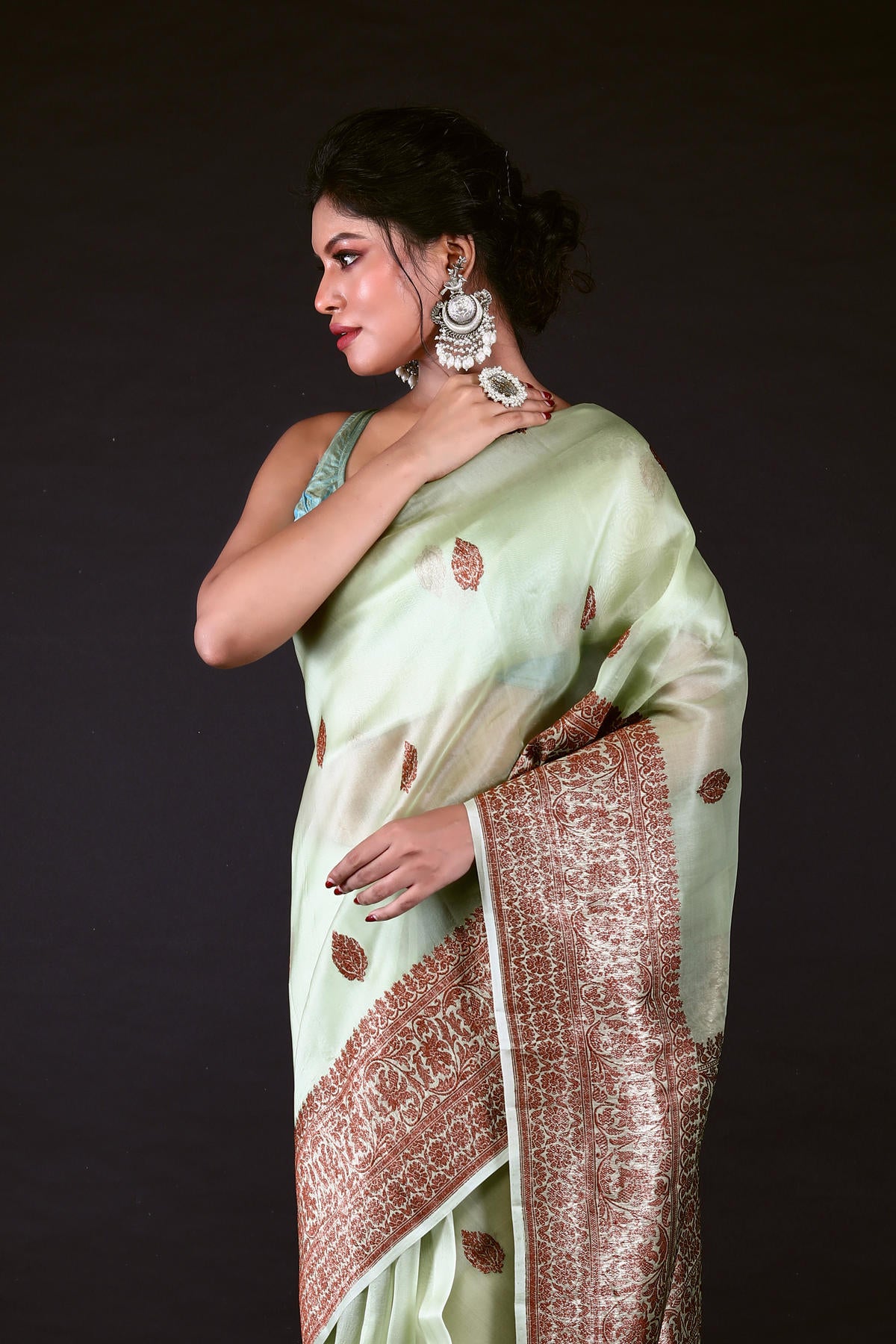 Pista Pure Organza Silk Banarasi Handloom Saree with Zari work