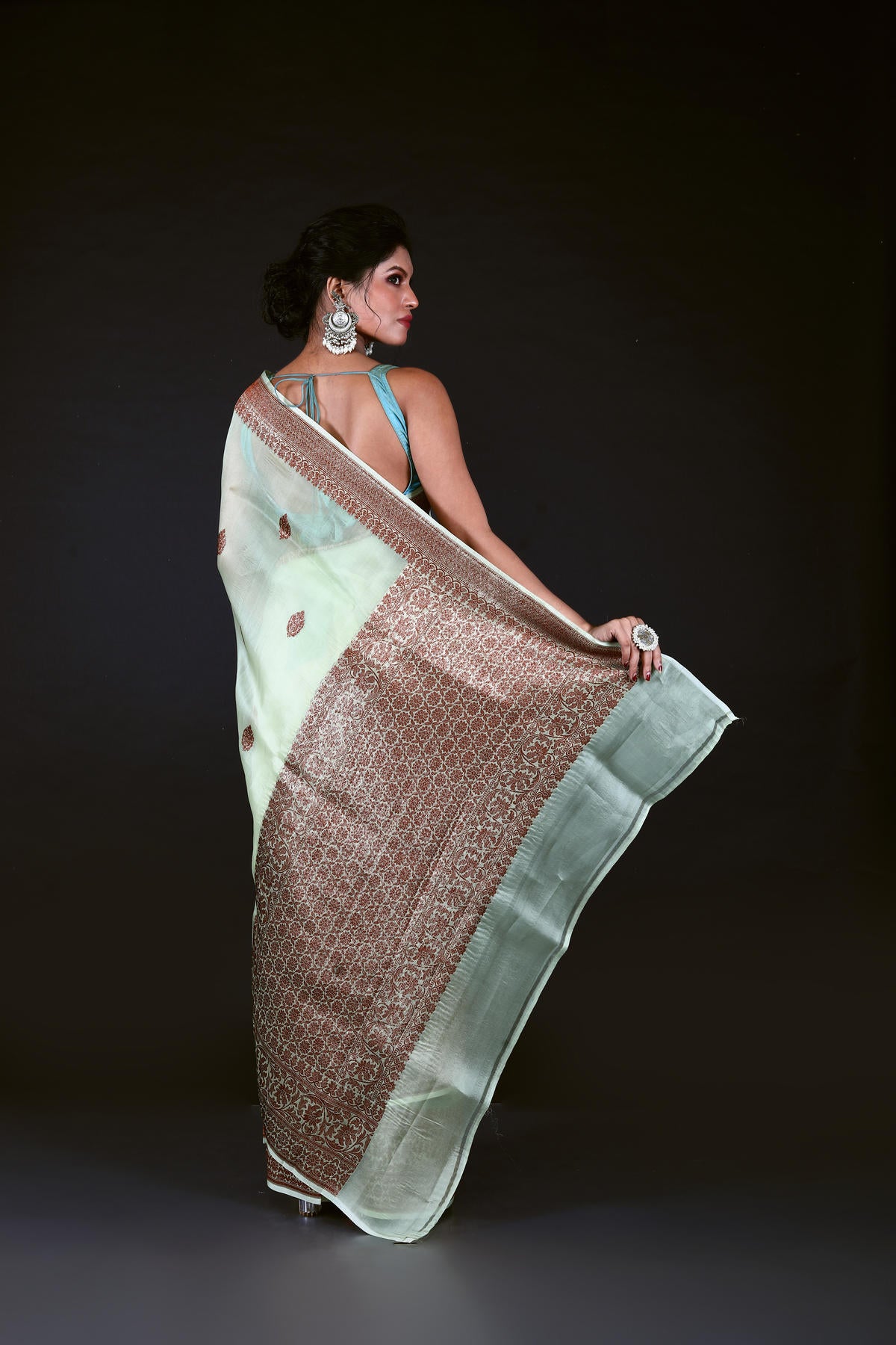 Pista Pure Organza Silk Banarasi Handloom Saree with Zari work