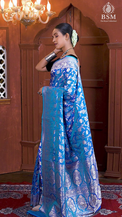 Blue Pure Katan Silk Banarasi Handloom Saree with Zari work