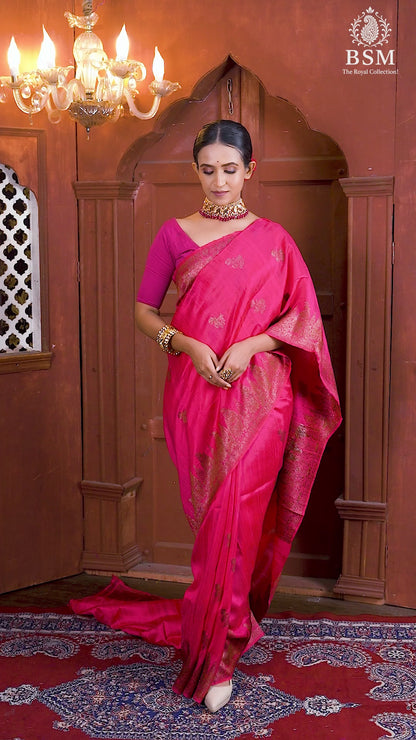 Red Pure Dupion Silk Banarasi Handloom Saree with Zari work