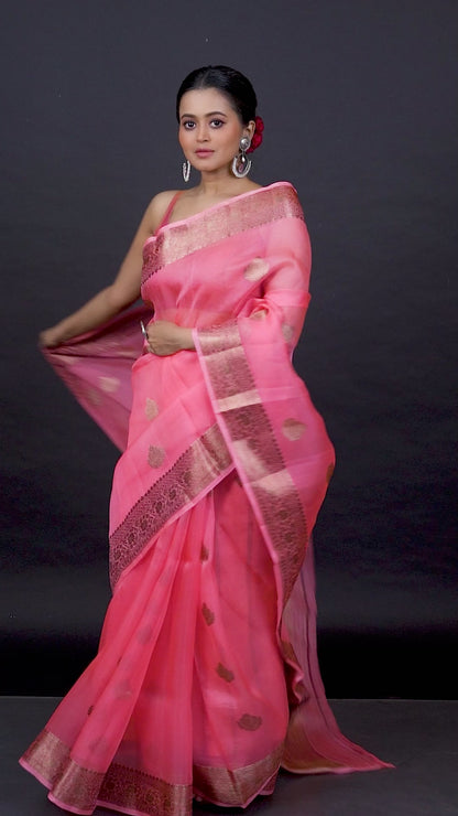 Pink Pure Organza Silk Banarasi Handloom Saree with Zari work