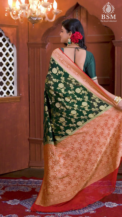 Red Bottle Green Pure Chiffon Silk Khaddi Georgette Banarasi Handloom Saree with Zari work