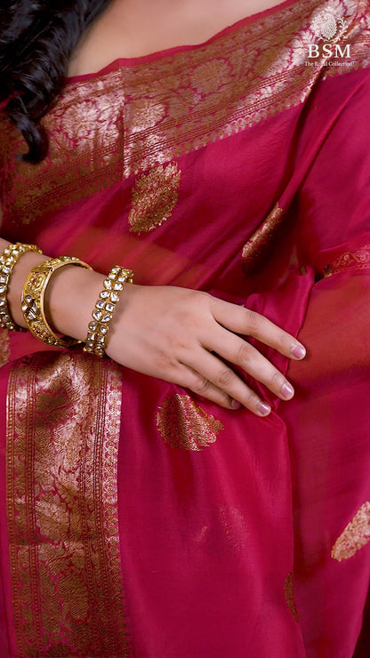 Maroon Pure Organza Silk Banarasi Handloom Saree with Zari work