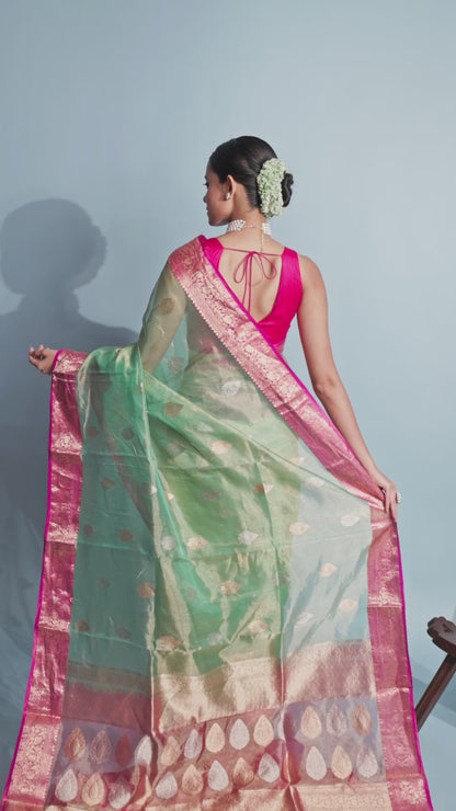 Pink Blue Pure Tissue Silk Banarasi Handloom Saree with Zari work