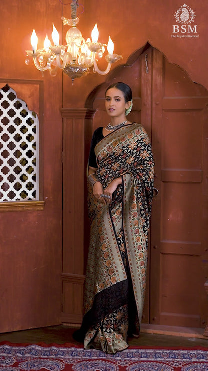 Black Multicolor Pure Chiffon Silk Khaddi Georgette Banarasi Handloom Saree with Zari work