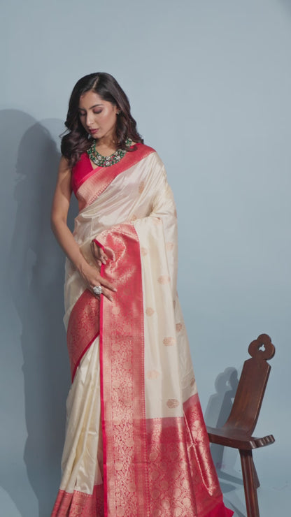 White Red Pure Katan Silk Banarasi Handloom Saree with Zari work