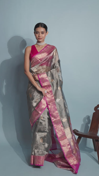 Pink Grey Pure Tissue Silk Banarasi Handloom Saree with Zari work