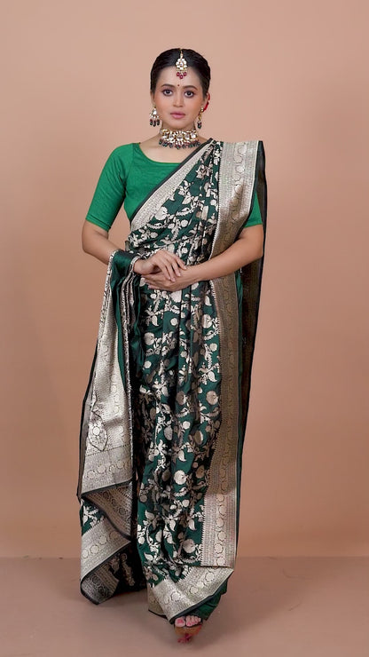 Bottle Green Pure Katan Silk Banarasi Handloom Saree with Zari work