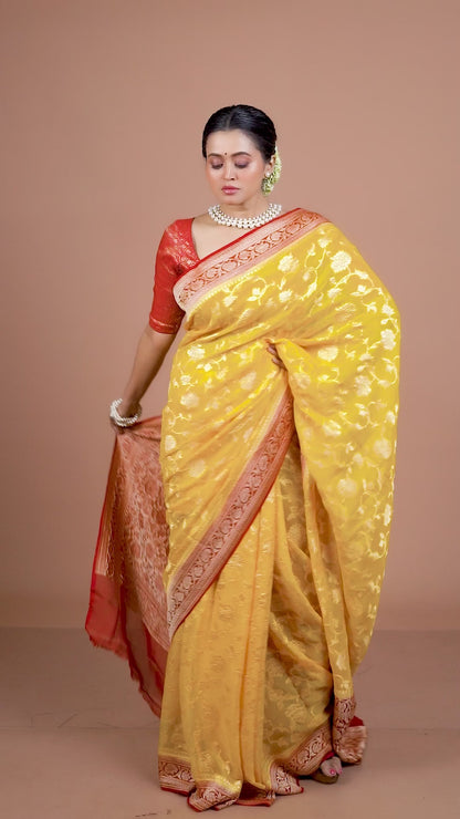Red Yellow Pure Chiffon Silk Khaddi Georgette Banarasi Handloom Saree with Zari work