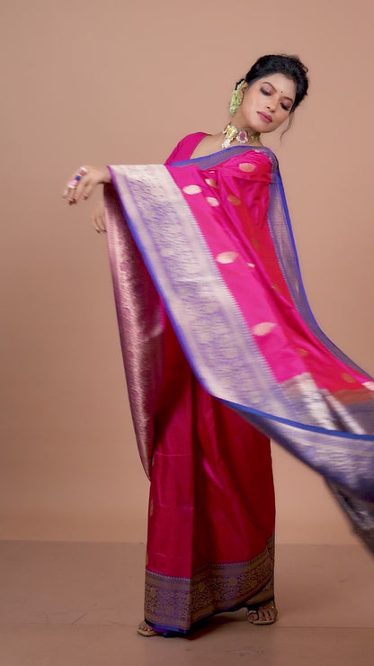Pink-Navy Blue Pure Katan Silk Banarasi Handloom Saree with Zari work