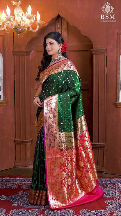 Red Bottle Green saree Semi Silk Banarasi Fancy Woven Saree