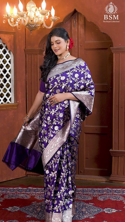 Black Purple Pure Katan Silk Banarasi Handloom Saree with Zari work