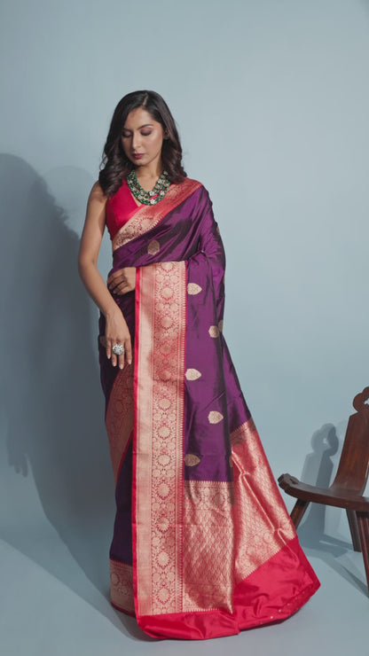 Red Wine Pure Katan Silk Banarasi Handloom Saree with Zari work
