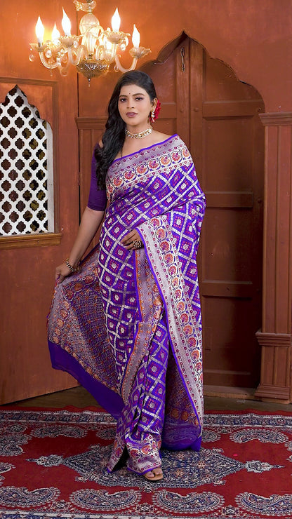 Purple Bandhej Meena Pure Chiffon Silk Khaddi Georgette Banarasi Handloom Saree with Zari work