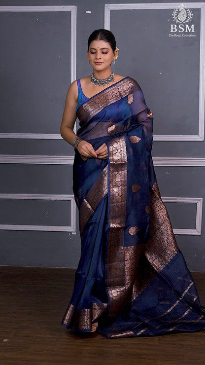 Navy Blue Pure Organza Silk Banarasi Handloom Saree with Zari work