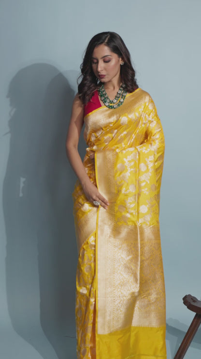 Yellow Pure Katan Silk Banarasi Handloom Saree with Zari work