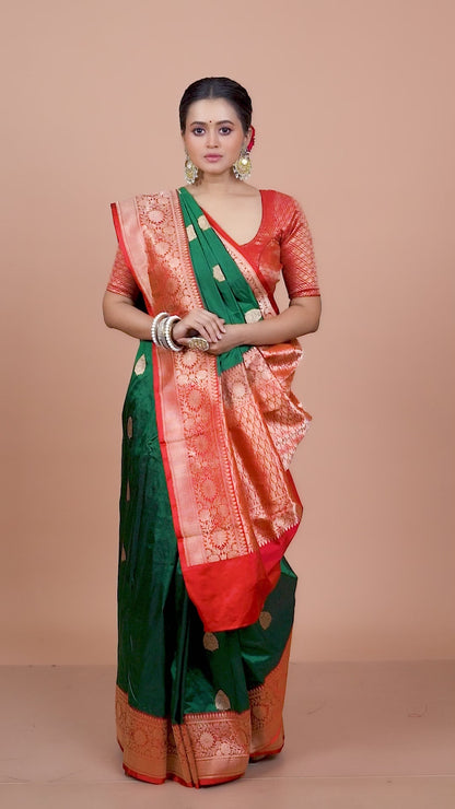 Red Bottle Green Pure Katan Silk Banarasi Handloom Saree with Zari work