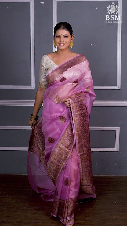 Pink Pure Organza Silk Banarasi Handloom Saree with Zari work
