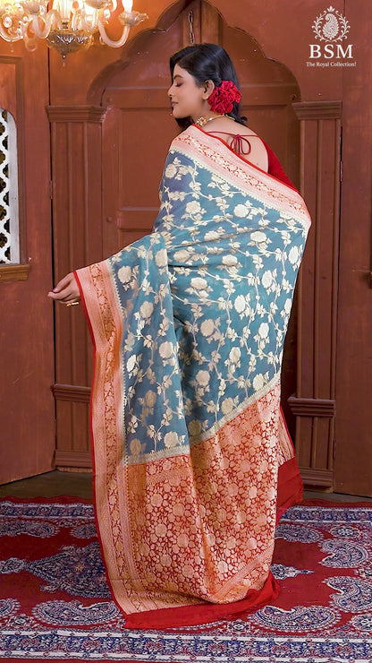 Grey Red Pure Chiffon Silk Khaddi Georgette Banarasi Handloom Saree with Zari work