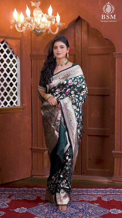 Bottle Green Meena Pure Katan Silk Banarasi Handloom Saree with Zari work