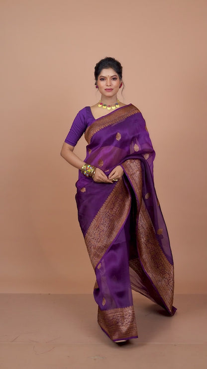 Magenta Pure Organza Silk Banarasi Handloom Saree with Zari work