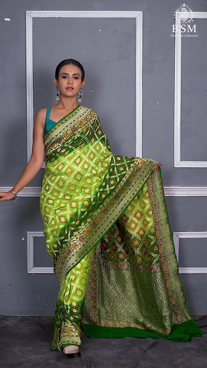 Green Bandhej Meena Pure Chiffon Silk Khaddi Georgette Banarasi Handloom Saree with Zari work